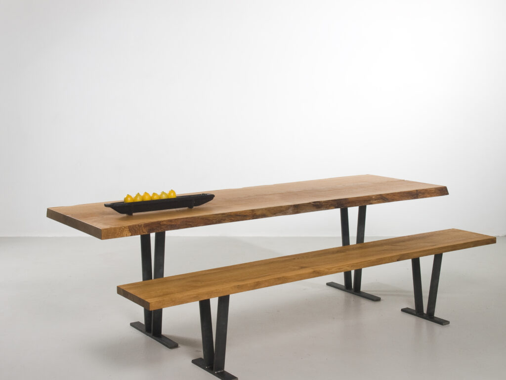 furniture design dining table bench multitree masiv wood oak natural edge designer furniture with raw iron frame v1,5x6 design by f maurer