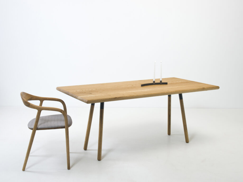 furniture design dining table multi-tree masiv wood oak round designer furniture with wooden legs matching armchair neva artisan design by f maurer 2