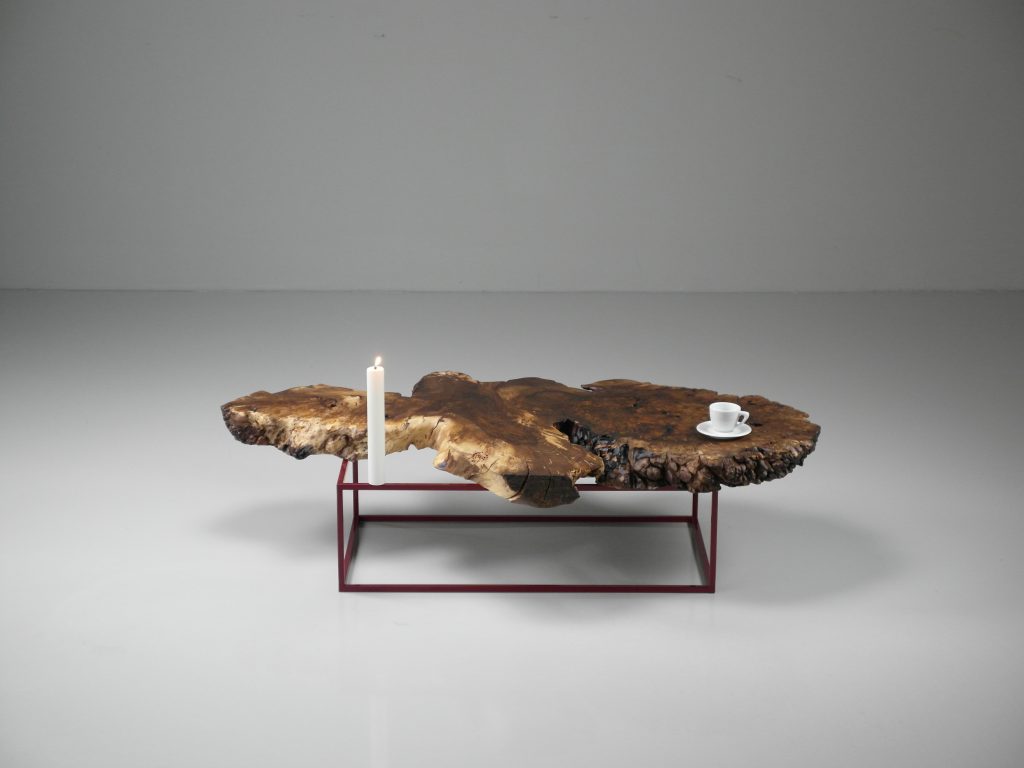furniture design furniture living room coffee table trunk top walnut natural edge frame cube oil lamp candle designer furniture by f maurer