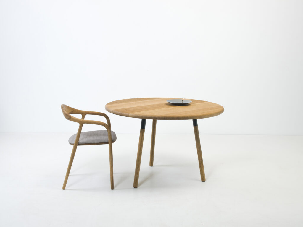 furniture design round dining table multitree masiv wood oak round designer furniture with wooden legs matching armchair neva artisan design by f maurer 3